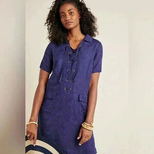 Anthropologie Navy Finley Floral Jacquard Lace-Up Linen Blend Shirt Dress 12